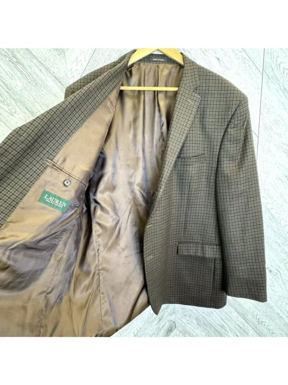 Lauren Ralph Lauren 100% Wool Brown Windowpane Plaid Blazer Mens Size 50R
